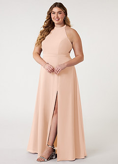Azazie Clarice Vestidos de damas de honor Vestido de Rosa Inglesa de Gasa de Corte en A con Halter image15