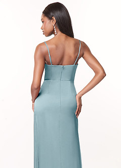 Azazie Maci Bridesmaid Dresses Moody Blue A-Line V-Neck Pleated Stretch Satin Dress image4