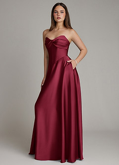 Azazie Meleena Robes de demoiselle d'honneur Robe Trapèze en Satin extensible Bustier Bourgogne image6