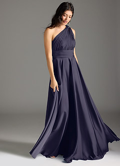 Azazie Charlize Robes de demoiselle d'honneur Robe Trapèze en Satin extensible Ue épaule Bleu Orageux image3