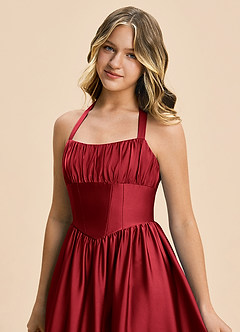 Azazie Kyrie Junior Scarlet A-Line Pleated Stretch Satin Dress image7