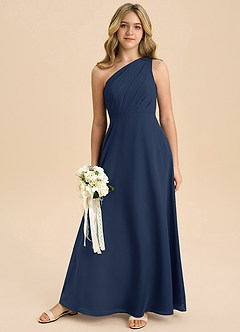 Azazie Phaedra Junior Abito A-Line in Chiffon Plissettato Marino Scuro image8