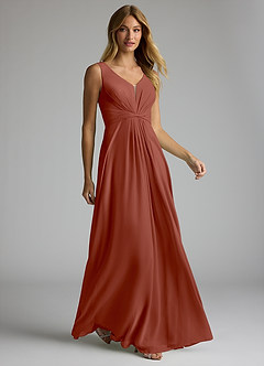 Azazie Gina Bridesmaid Dresses Auburn A-Line V-Neck Pleated Chiffon Dress image3