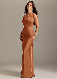 Azazie Madelyn Robes de demoiselle d'honneur Robe Sirène Convertible en Satin extensible Épaule décolletée Cuivre image3