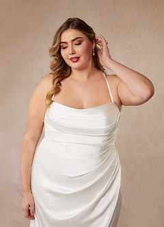 Azazie Kierra Wedding Dresses Diamond White Mermaid Pleated Stretch Satin Dress image10