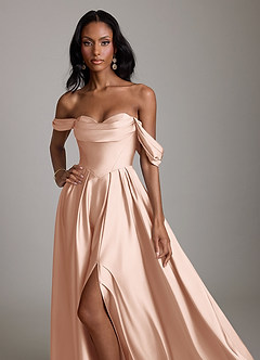 Azazie Loisa Abiti da Damigella Abito A-Line in Raso Elasticizzato a Spalla Scoperta Oro Rosa image5