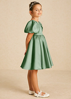Azazie Muffin Flower Girl Dresses Matcha A-Line with Sleeves Matte Satin Dress image3