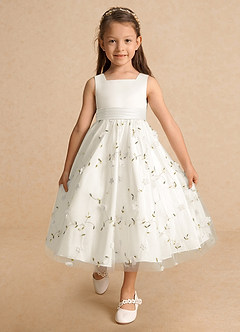 Azazie Pollie Flower Girl Dresses Ivory A-Line Bow Tulle Dress image4