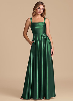 Azazie Shaude 신부 들러리 드레스 A라인 주름진 메탈릭 새틴 바닥 길이 드레스 image1