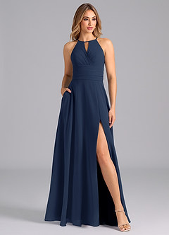 Azazie Denver Bridesmaid Dresses Dark Navy A-Line Pleated Chiffon Dress image1