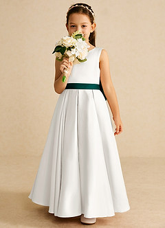 Azazie Pipsy Flower Girl Dresses Ivory Pine A-Line Bow Matte Satin Dress image5