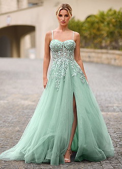 Celeste Light Green Rhinestone Sheer Lace Prom Dress image5