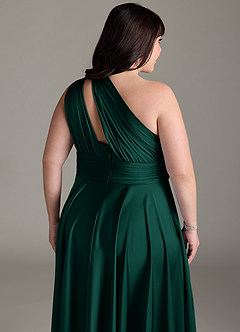 Azazie Charlize Bridesmaid Dresses Emerald A-Line One Shoulder Stretch Satin Dress image8