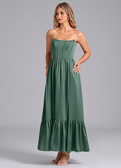 Azazie Leilana Bridesmaid Dresses Eucalyptus A-Line Corset Stretch Satin Dress image5