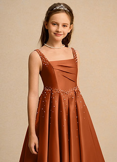 Azazie Mochi Girls Formal Flower Girl Dresses Burnt Orange Ball-Gown Pleated Matte Satin Dress image7