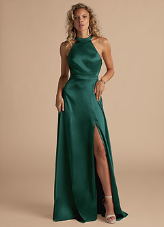 Azazie Clarice Bridesmaid Dresses Pine A-Line High Neck Metallic Satin Dress image4