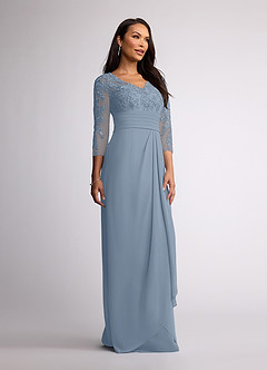 Azazie Joan Mère de la mariée Robes Robe Fourreau en Mousseline de soie Col V Dentelle Bleu Poussiéreux image2