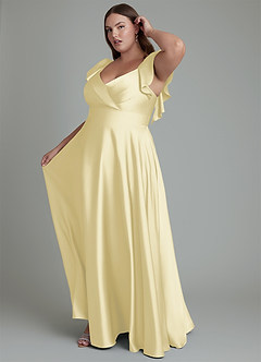 Azazie Leilani Bridesmaid Dresses Lemon Sorbet A-Line Ruched Stretch Satin Dress image14