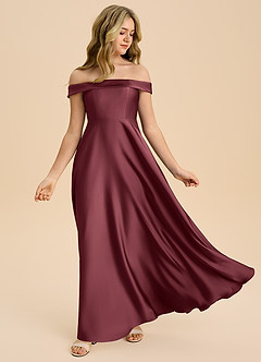 Azazie Sissy Junior Merlot A-Line Off the Shoulder Stretch Satin Dress image5
