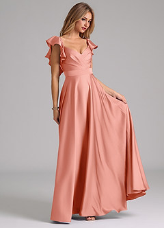 Azazie Leilani Robes de demoiselle d'honneur Robe Trapèze en Satin extensible Rayé Corail image4