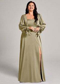 Azazie Leonia Bridesmaid Dresses Moss Green A-Line Long Sleeve Stretch Satin Dress image12