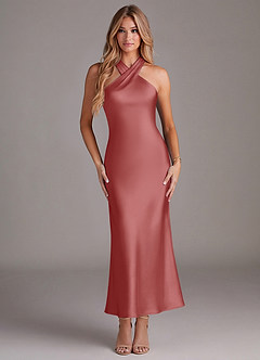 Azazie Doretta 신부 들러리 드레스 인어 주름진 스트레치 새틴 발목 길이 드레스 image1