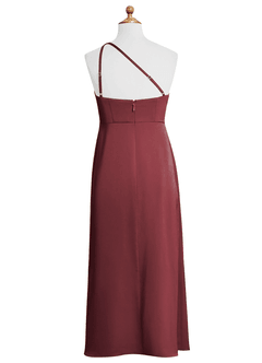 Azazie Mika Junior Robe Trapèze en Satin extensible Plissée Merlot image3