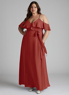 Azazie Vianna Bridesmaid Dresses Terracotta A-Line V-neck Ruched Chiffon Dress image6