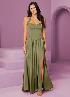 Barbie ♥ Azazie Suknie dla druhen Rozkloszowana sukienka z elastycznej satyny z dekoltem w serek i wiązaniem na plecach image1