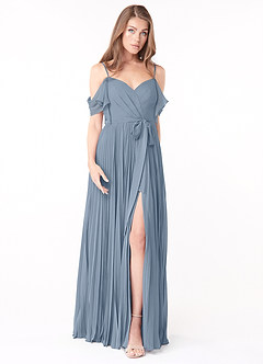 Azazie Lyney Bridesmaid Dresses Dusty Blue A-Line Off the Shoulder Chiffon Dress image1