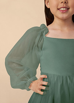 Azazie Aya Flower Girl Dresses Eucalyptus A-Line with Sleeves Tulle Dress image3