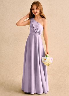 Azazie Puddles Girls Formal Flower Girl Dresses Frosted Lilac A-Line One Shoulder Matte Satin Dress image6