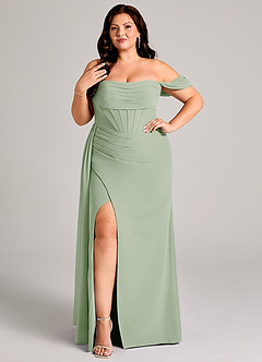 Azazie Amyra Jurken voor bruidsmeisjes Converteerbaar Jurk van Chiffon met Kolom Off the Shoulder Stoffige Salie image10