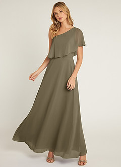 Azazie Lizzy Vestidos de damas de honor Vestido de Verde Sauce de Gasa de Corte en A con Hombro unilateral image5