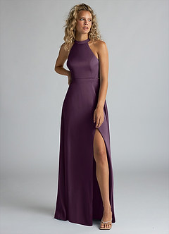Azazie Clarice Bridesmaid Dresses Plum A-Line High Neck Stretch Satin Dress image5