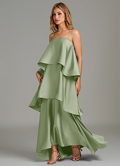 Azazie Azalea At-home Try On Dresses Dusty Sage A-Line Ruched Stretch Satin Dress image3