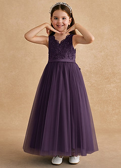 Azazie Cinna Flower Girl Dresses Plum A-Line Lace Tulle Dress image5