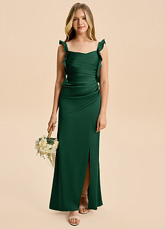 Azazie Jessamine Junior Dark Green Sheath Ruched Stretch Satin Dress image1