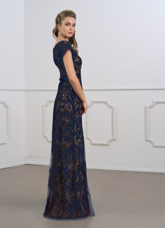 Azazie Dorit Mother of the Bride Dresses Dark Navy Champagne Sheath Scoop Lace Dress image3