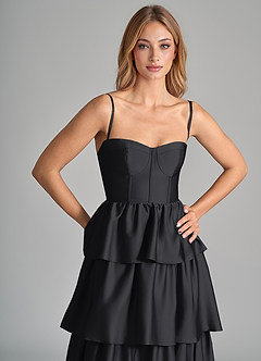 Azazie Faye Bridesmaid Dresses Black A-Line Ruched Stretch Satin Dress image2