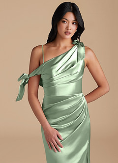 Azazie Xyla Robes de demoiselle d'honneur Robe Fourreau Convertible en Satiné métallisé Épaule décolletée Matcha image2