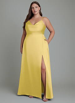 Azazie Sarella Bridesmaid Dresses Canary A-Line Pleated Stretch Satin Dress image10