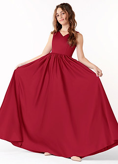 Azazie Hathaway Junior A-Linie Schleifen Matte Satin Kleid Scharlachrot image1
