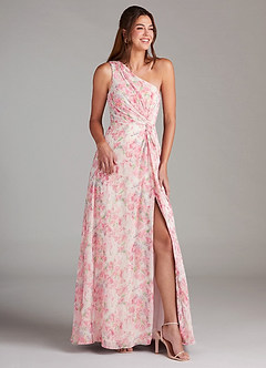 Azazie Brooke Bridesmaid Dresses Abstract Watercolor Floral A-Line One Shoulder Chiffon Dress image3