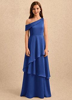 Azazie Shyloh Girls Formal Flower Girl Dresses Royal Blue A-Line Off the Shoulder Stretch Satin Dress image1