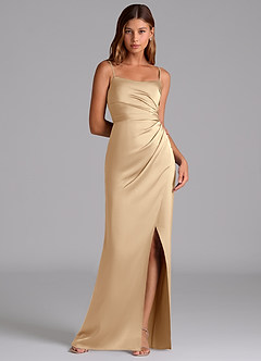 Azazie Calandra Bridesmaid Dresses Champagne A-Line Pleated Stretch Satin Dress image1