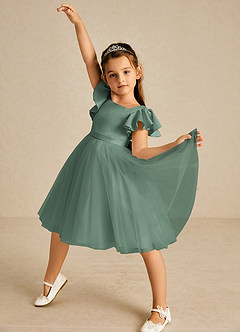 Azazie Kaeya Flower Girl Dresses Eucalyptus A-Line Bow Tulle Dress image2