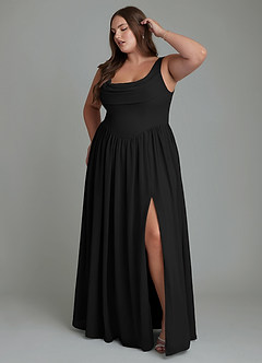Azazie Novi Vestidos de damas de honor Vestido Negro de Gasa de Línea A con Plisado image9