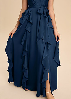 Azazie Peyton Junior Dark Navy A-Line Pleated Stretch Satin Dress image6
