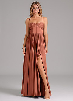 Azazie Tyla Robes de demoiselle d'honneur Robe Trapèze en Satin extensible Encolure en Forme de Cœur Argile image1